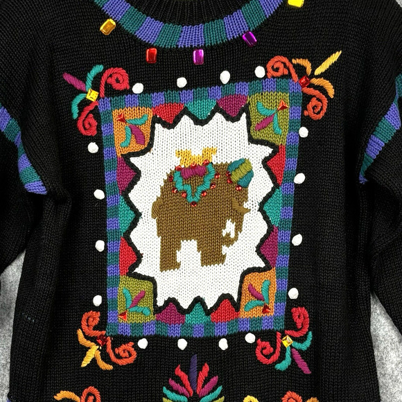 Vintage 80s Womens Embroidered Elephant 3-D Sweater Size M Rhinestones Eclectic - Picture 2 of 13